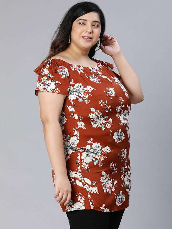 Smarten Brown Floral Print Women Plus Size Tunic