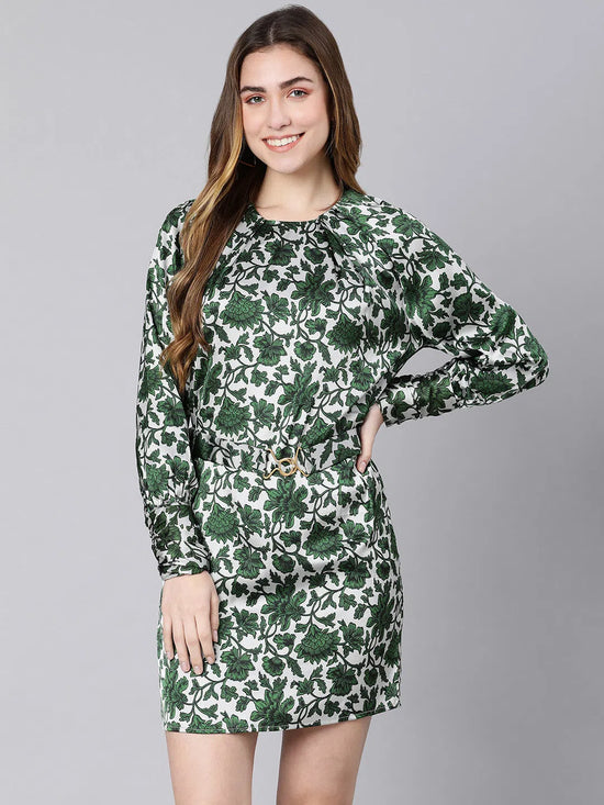 Rich Green floral print belted women dress