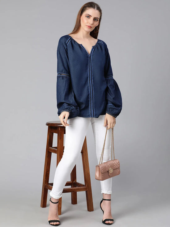 Royal denim puff sleeves stylish women top