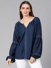 Royal denim puff sleeves stylish women top