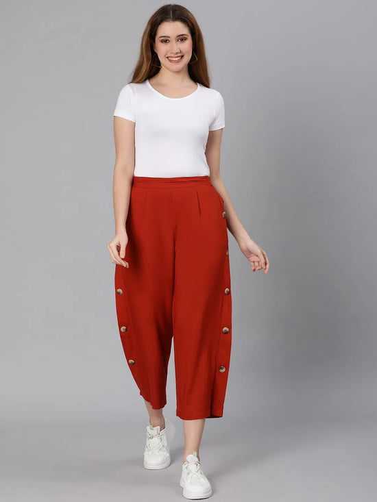 Blazed rust button decked elasticated women pant