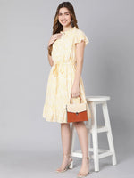 Yellow rose tie-knot dobby print women linned dress