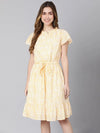 Yellow rose tie-knot dobby print women linned dress