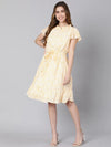 Yellow rose tie-knot dobby print women linned dress