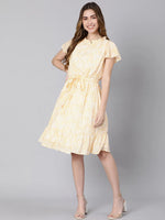 Yellow rose tie-knot dobby print women linned dress