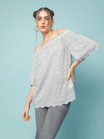 Crystal blue stripe schiffli emb off-shoulder women top