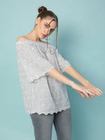 Crystal blue stripe schiffli emb off-shoulder women top