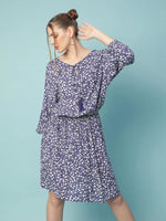 Round and roase blue floral print elasticated women dress