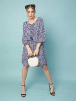 Round and roase blue floral print elasticated women dress