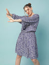 Round and roase blue floral print elasticated women dress