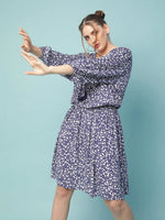 Round and roase blue floral print elasticated women dress