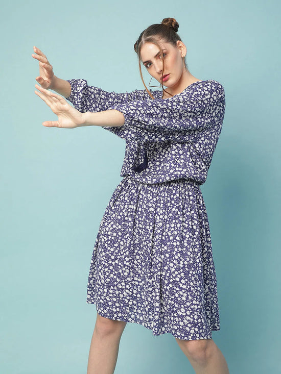 Round and roase blue floral print elasticated women dress