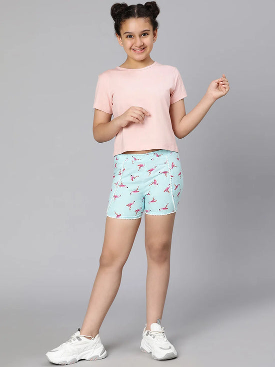 Watery blue bird printed elasticated girl shorts