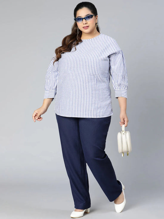 Navy blue stripe print plus size women Pant