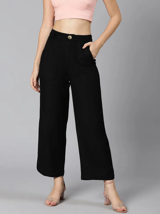 Solid black elasticated buttoned women Linen pant