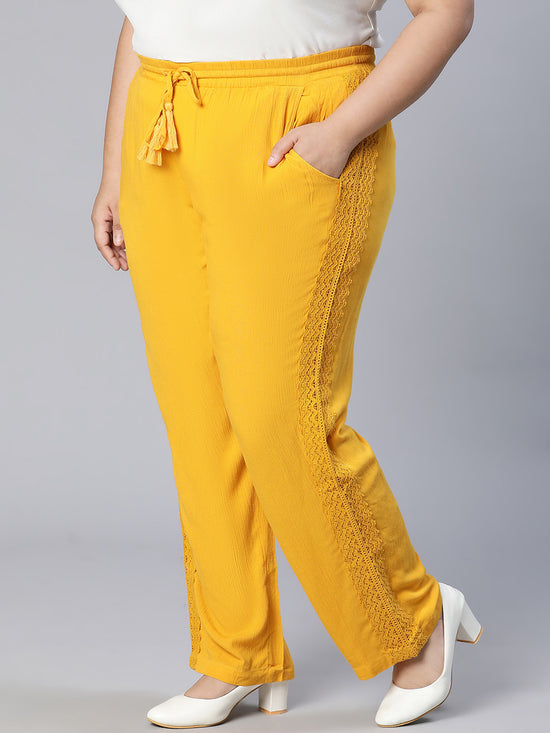 Plus Solid Yellow Lace Details Viscose Tie-Knot Elasticated Pant-S23001PP0001