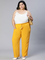 Plus Solid Yellow Lace Details Viscose Tie-Knot Elasticated Pant-S23001PP0001