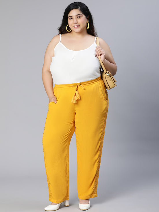 Plus Solid Yellow Lace Details Viscose Tie-Knot Elasticated Pant-S23001PP0001