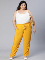 Plus Solid Yellow Lace Details Viscose Tie-Knot Elasticated Pant-S23001PP0001