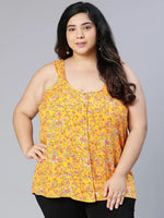 Plus Yellow Floral viscose Print button detail top