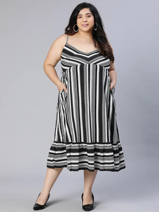 Plus Black stripe viscose print shoulder stape dress