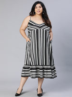 Plus Black Stripe Viscose Print Shoulder Stape Dress-S23010PDR001