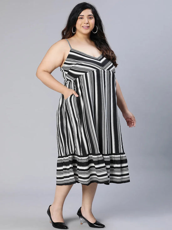 Plus Black stripe viscose print shoulder stape dress