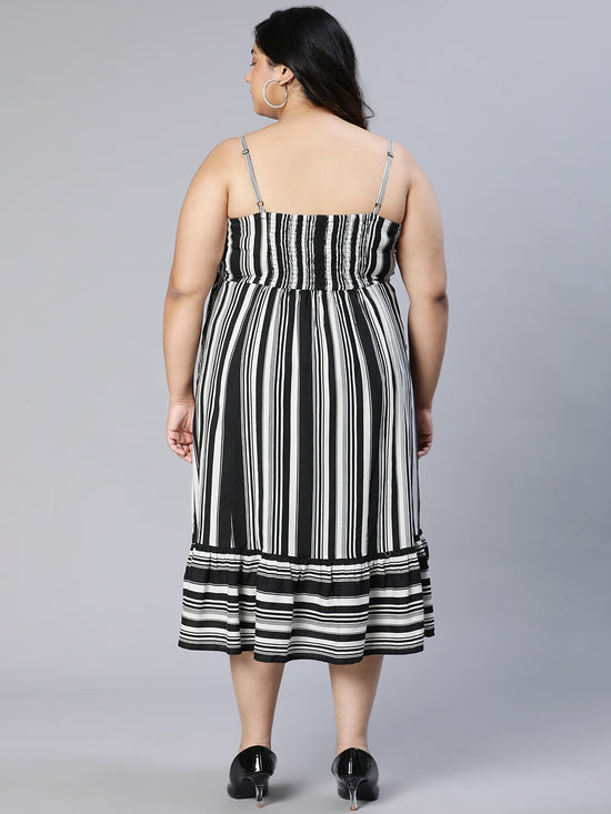 Plus Black Stripe Viscose Print Shoulder Stape Dress-S23010PDR001