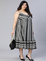 Plus Black Stripe Viscose Print Shoulder Stape Dress-S23010PDR001