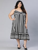 Plus Black Stripe Viscose Print Shoulder Stape Dress-S23010PDR001