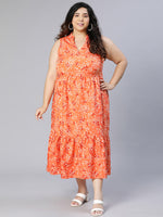 Plus Orange Flower Polyester Print V-Neck Dress-S23011PDR001