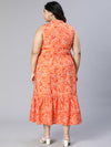 Plus Orange Flower Polyester Print V-Neck Dress-S23011PDR001