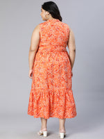 Plus Orange Flower Polyester Print V-Neck Dress-S23011PDR001