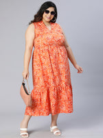 Plus Orange Flower Polyester Print V-Neck Dress-S23011PDR001