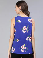 Women Floral Print Round Neck Sleeveless Blue Top