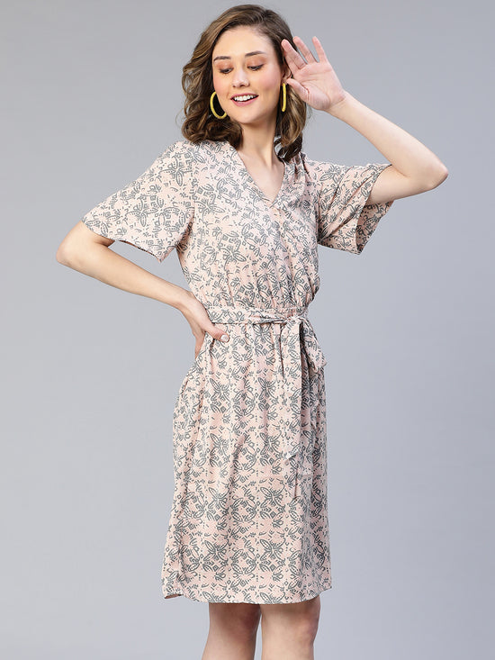 Women Dusty Pink Floral Print Tie-Knot Belted Polyester Dress-S23024WDR001