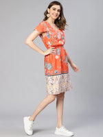 Flamed Red Floral Print Elasticated Women Dress