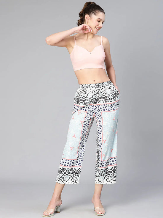 Women multicolor abstract scarf print elsticated polyester pants