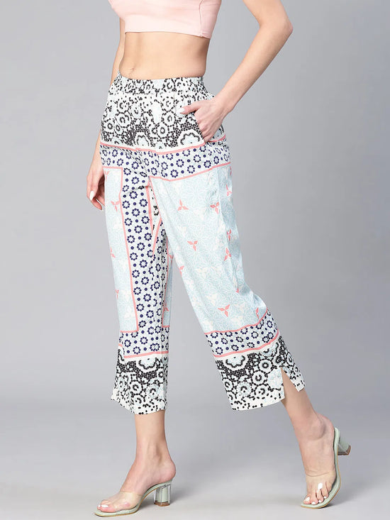 Women multicolor abstract scarf print elsticated polyester pants