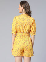 Women Yellow Floral Print Tie-Knot Polyester Belted Playsuit-S23028WOV001