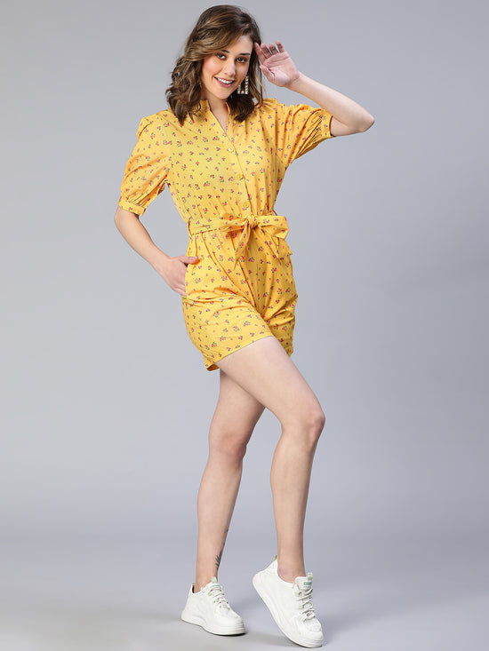 Women Yellow Floral Print Tie-Knot Polyester Belted Playsuit-S23028WOV001