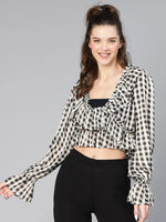 Women black check polyester print ruffled top