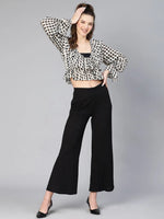 Women black check polyester print ruffled top