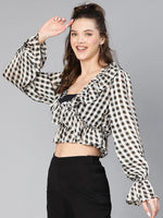 Women black check polyester print ruffled top