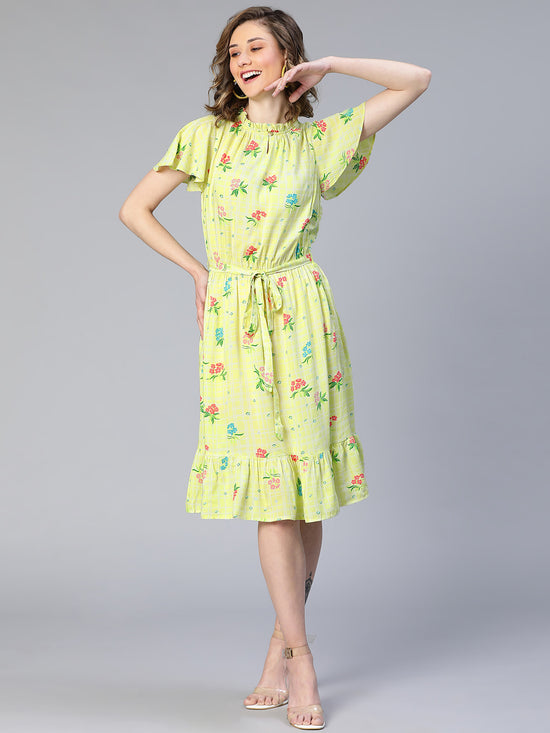 Women Lime Floral Print Tie-Knot Viscose Belted Dress-S23035WDR002