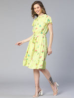 Women Lime Floral Print Tie-Knot Viscose Belted Dress-S23035WDR002