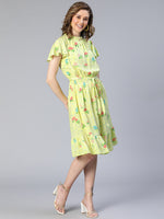 Women Lime Floral Print Tie-Knot Viscose Belted Dress-S23035WDR002