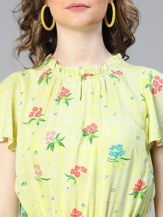 Women Lime Floral Print Tie-Knot Viscose Belted Dress-S23035WDR002