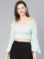 Women light green polyster dot print smocked off - shoulder top