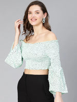 Women light green polyster dot print smocked off - shoulder top